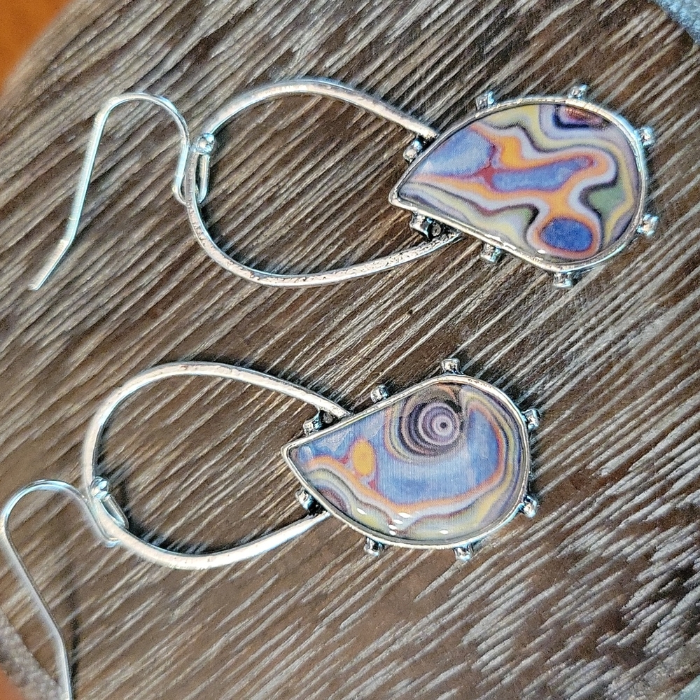 Rainbow Agate Style Teardrop Dangle Earrings, Silver - Picture 3 of 6